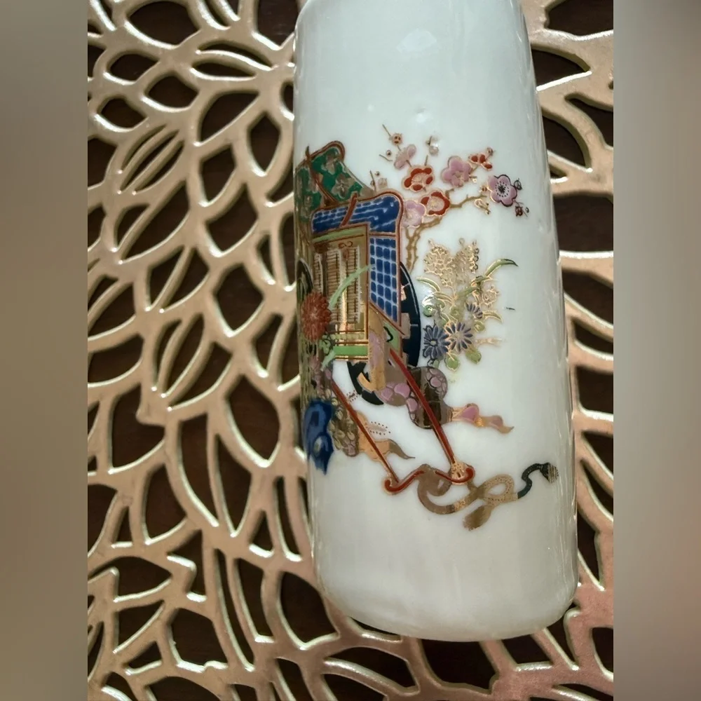 Vintage Japanese Ceramic Miniature Vase with Rickshaw Design